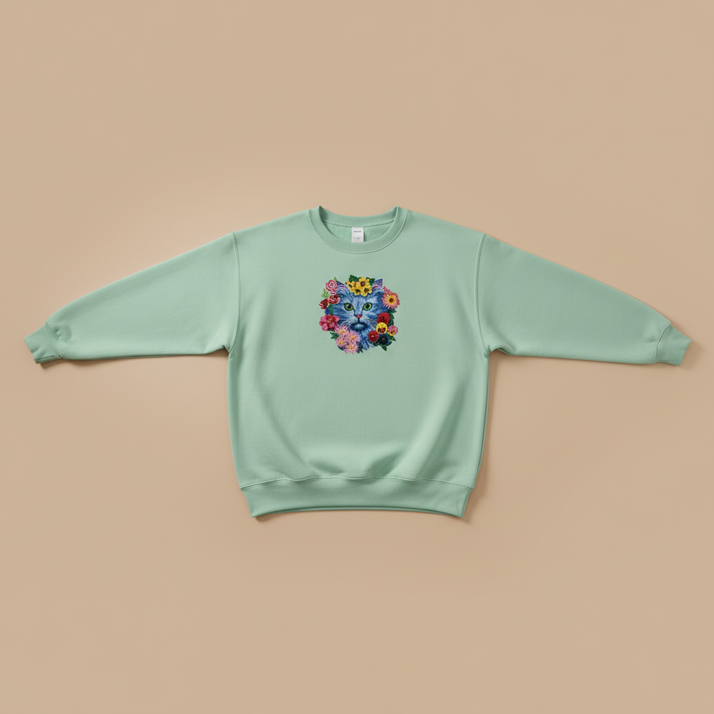 Floral Blue Cat Machine Embroidered Sweatshirt – Hand Finished in Dubai | EmbroMania