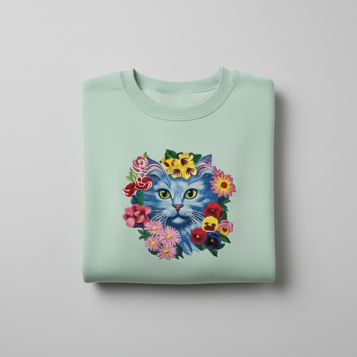 Floral Blue Cat Machine Embroidered Sweatshirt – Hand Finished in Dubai | EmbroMania