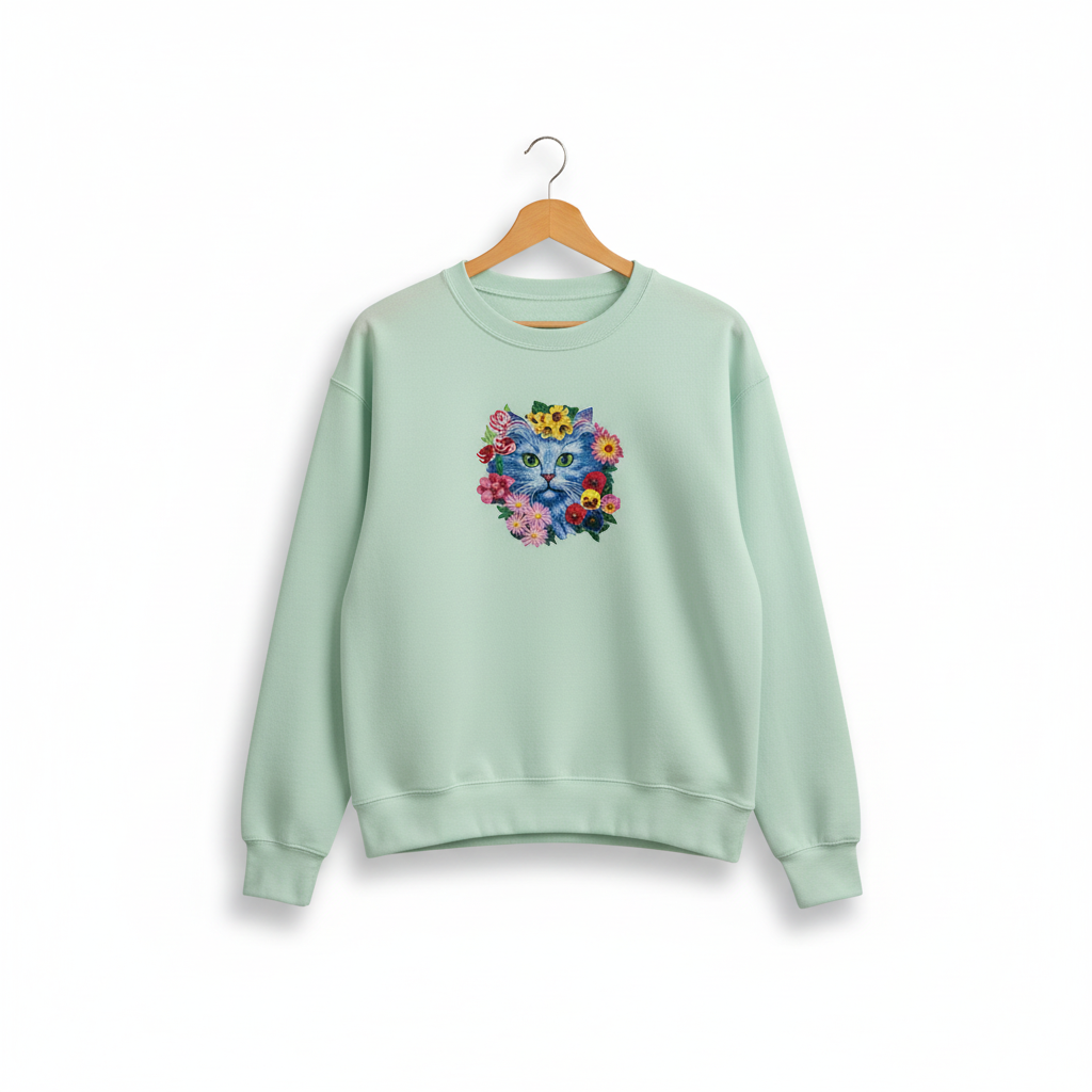 Floral Blue Cat Machine Embroidered Sweatshirt – Hand Finished in Dubai | EmbroMania