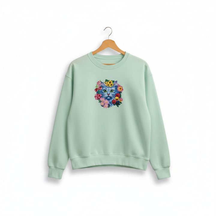 Floral Blue Cat Machine Embroidered Sweatshirt – Hand Finished in Dubai | EmbroMania