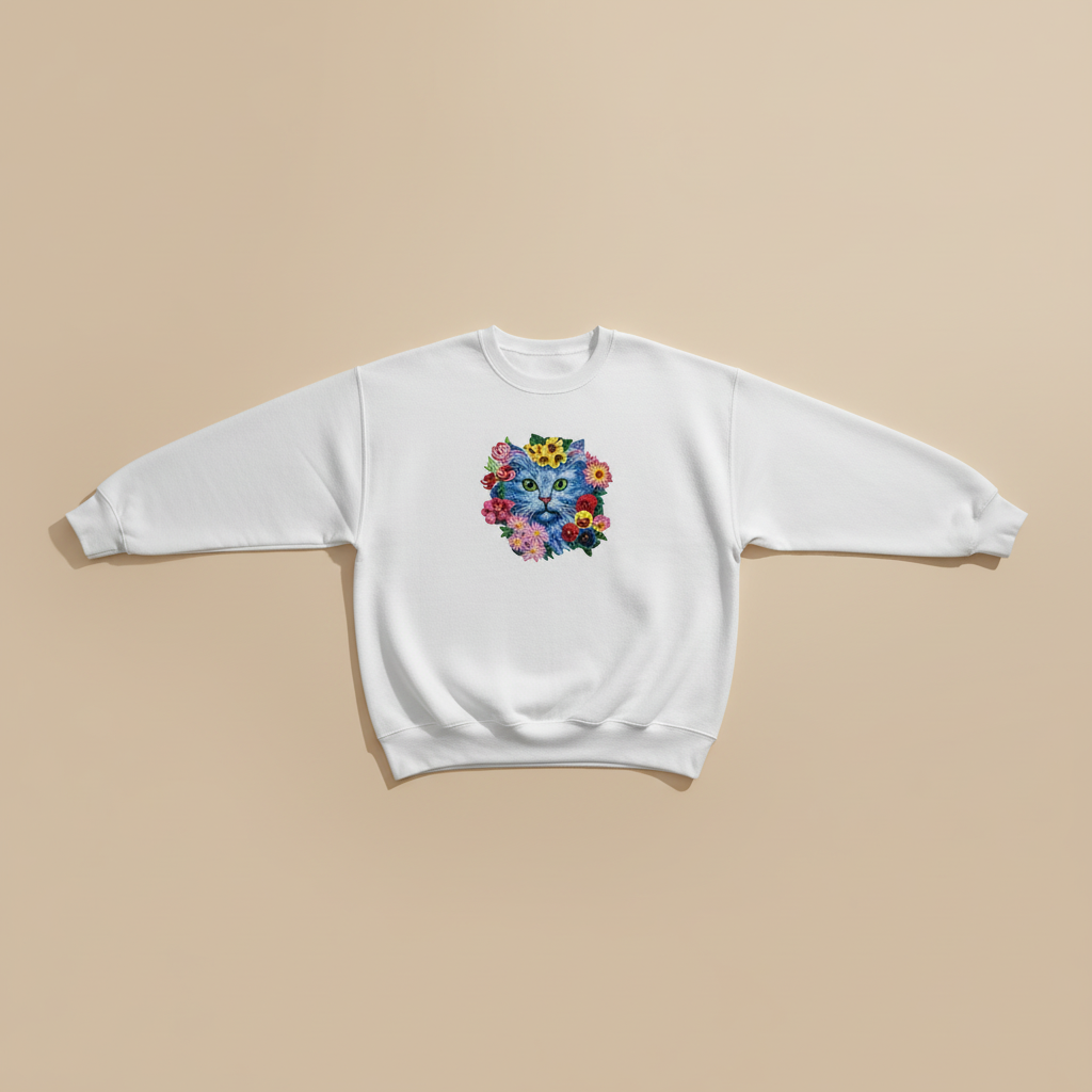 Floral Blue Cat Machine Embroidered Sweatshirt – Hand Finished in Dubai | EmbroMania
