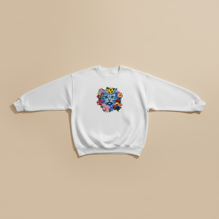 Floral Blue Cat Machine Embroidered Sweatshirt – Hand Finished in Dubai | EmbroMania