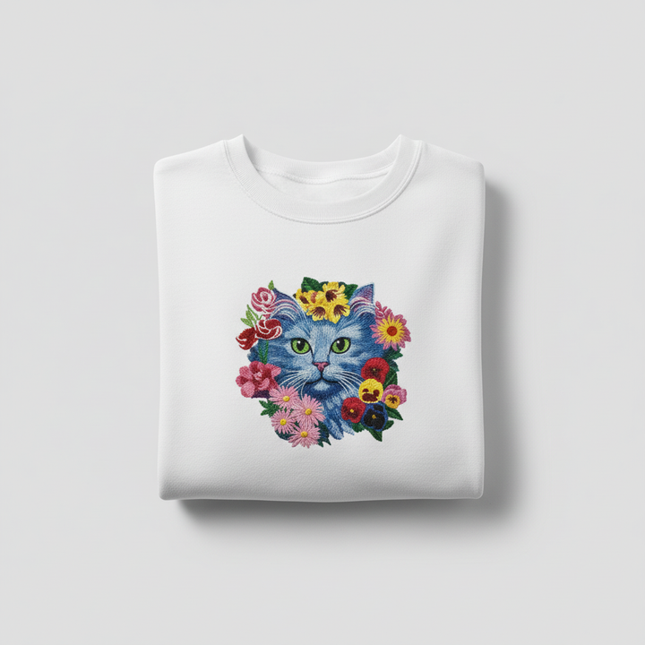 Floral Blue Cat Machine Embroidered Sweatshirt – Hand Finished in Dubai | EmbroMania