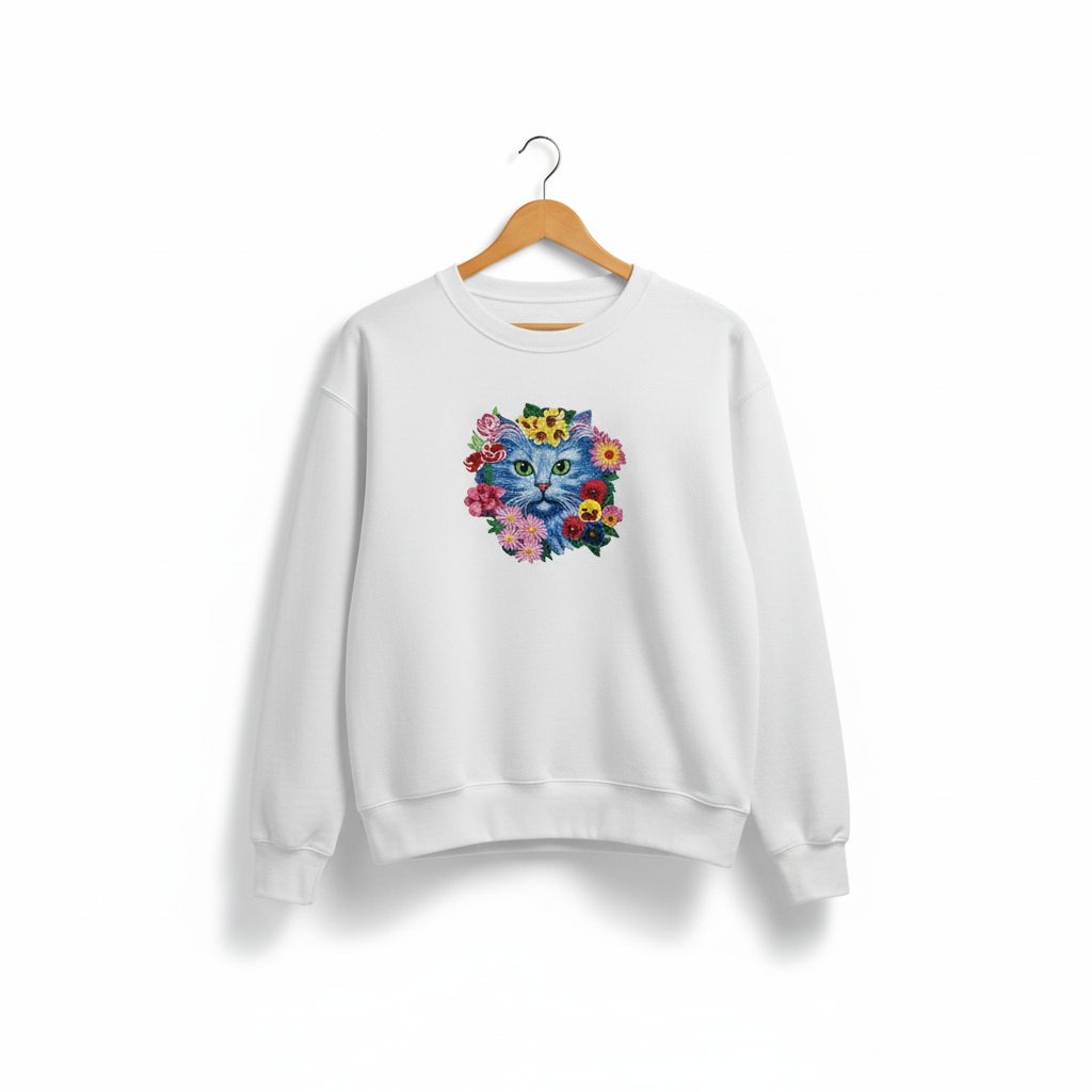 Floral Blue Cat Machine Embroidered Sweatshirt – Hand Finished in Dubai | EmbroMania