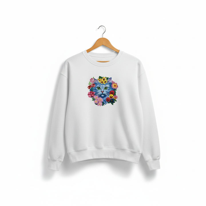 Floral Blue Cat Machine Embroidered Sweatshirt – Hand Finished in Dubai | EmbroMania