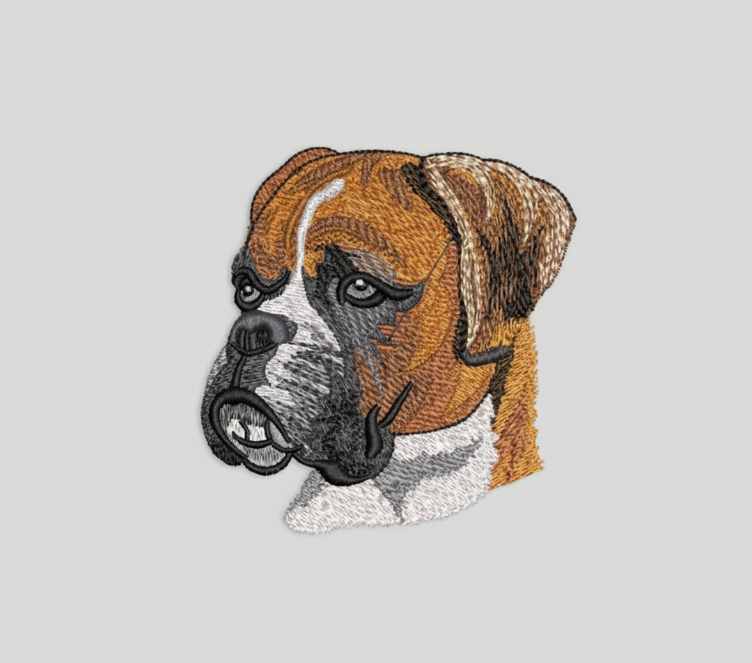 Realistic boxer dog embroidery patch featuring a detailed side-profile portrait with brown and white coat, black muzzle, and expressive eyes, stitched with textured thread shading on a light background, original EmbroMania artwork.