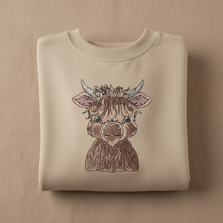Highland Bull Machine Embroidered Sweatshirt – Hand Finished in Dubai | EmbroMania