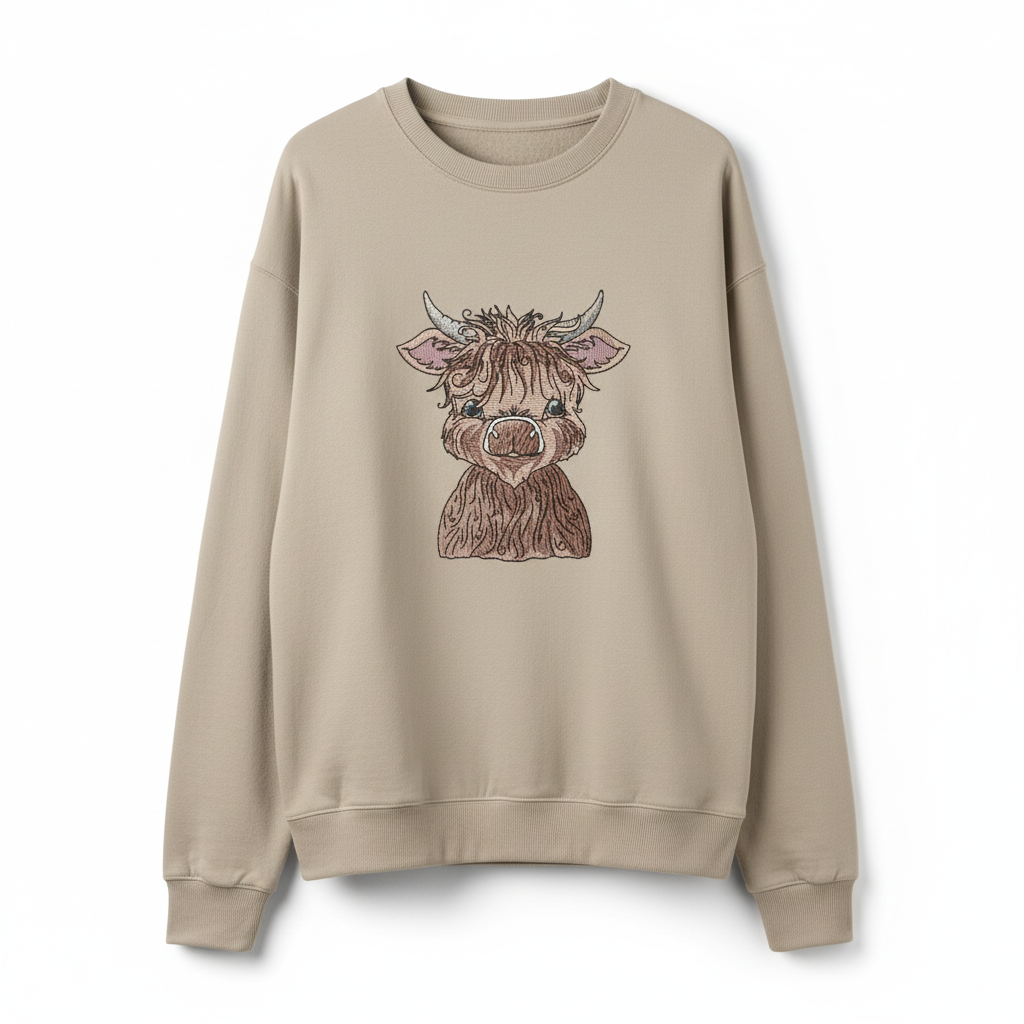 Highland Bull Machine Embroidered Sweatshirt – Hand Finished in Dubai | EmbroMania