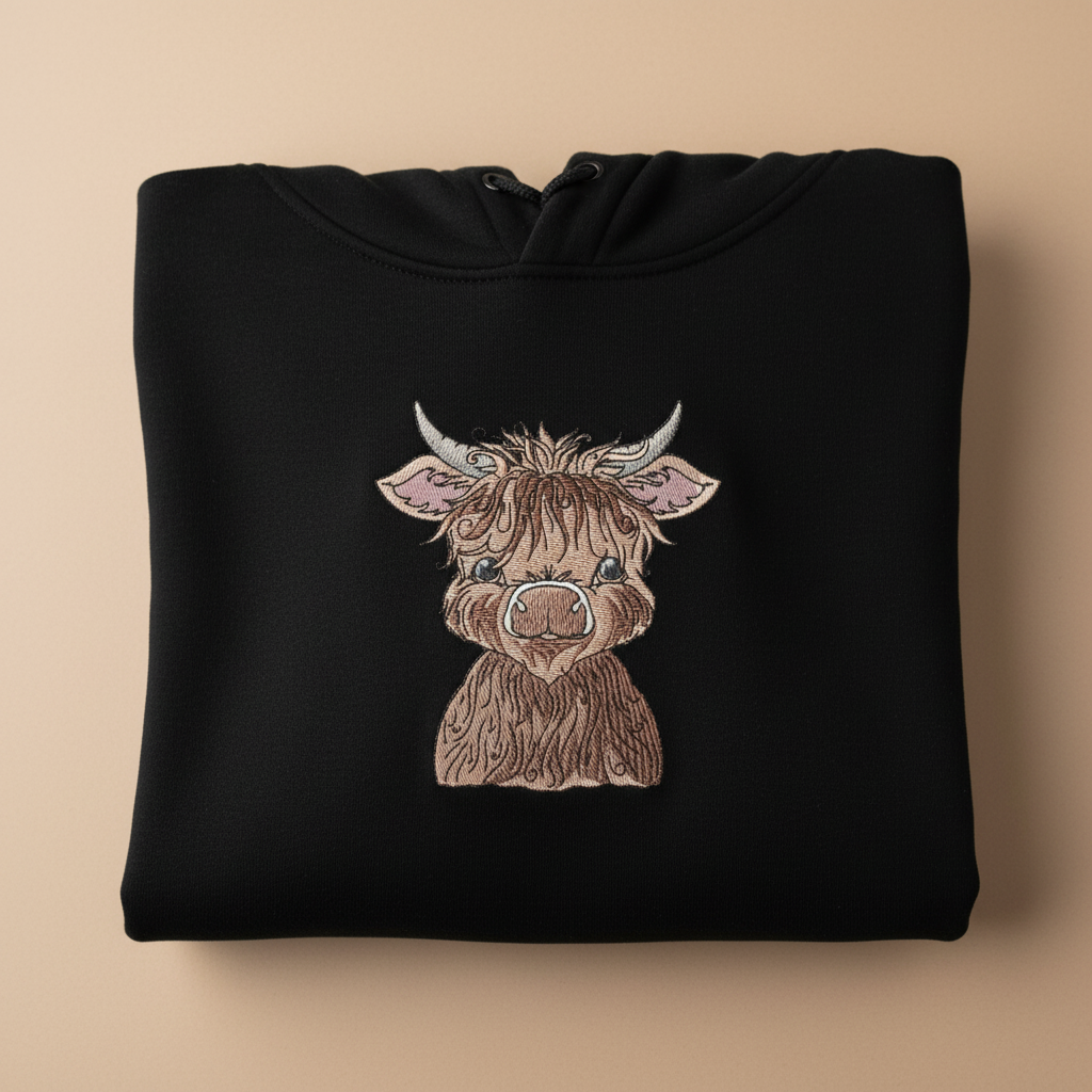Highland Bull Machine Embroidered Sweatshirt – Hand Finished in Dubai | EmbroMania