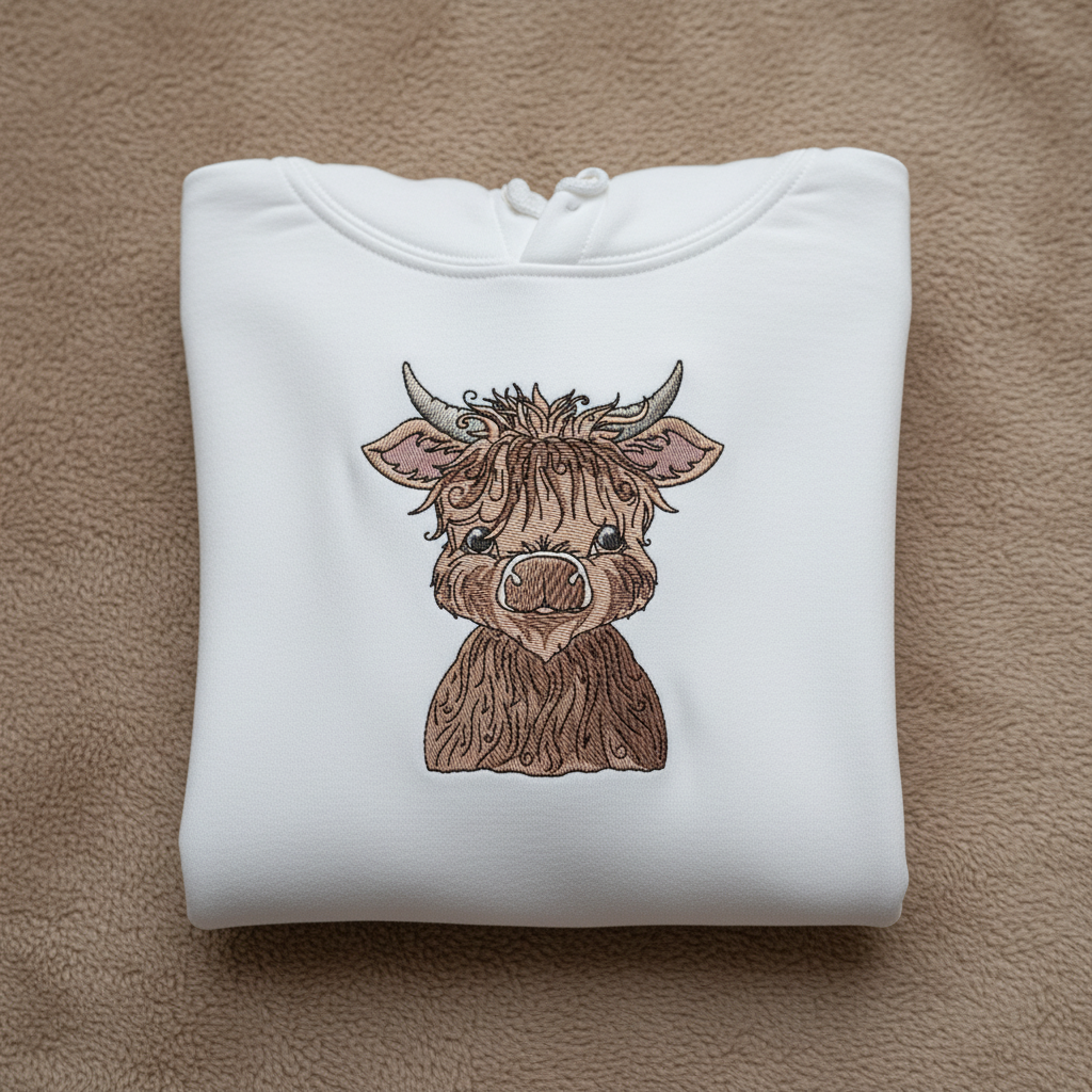 Highland Bull Machine Embroidered Sweatshirt – Hand Finished in Dubai | EmbroMania