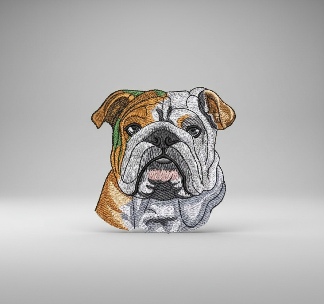 Embroidered bulldog design on a grid background