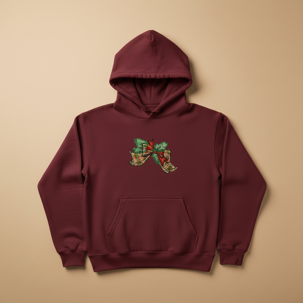Tartan Ribbon &amp; Evergreen Bow Machine Embroidered Sweatshirt – Hand Finished in Dubai | EmbroMania