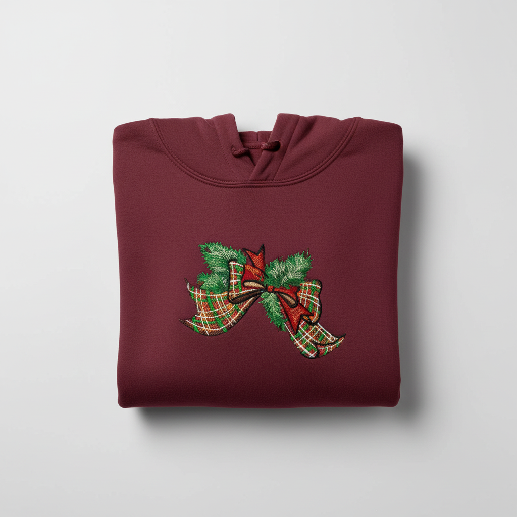 Tartan Ribbon &amp; Evergreen Bow Machine Embroidered Sweatshirt – Hand Finished in Dubai | EmbroMania