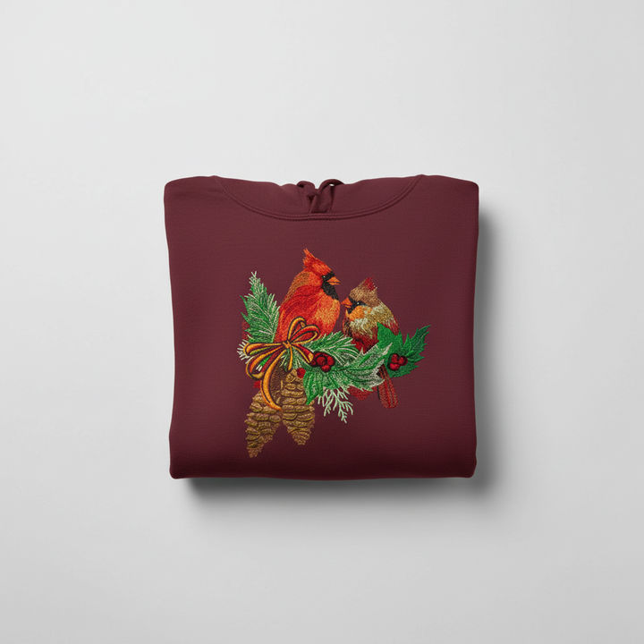 Cardinal Pair with Pinecones Machine Embroidered Sweatshirt – Hand Finished in Dubai | EmbroMania
