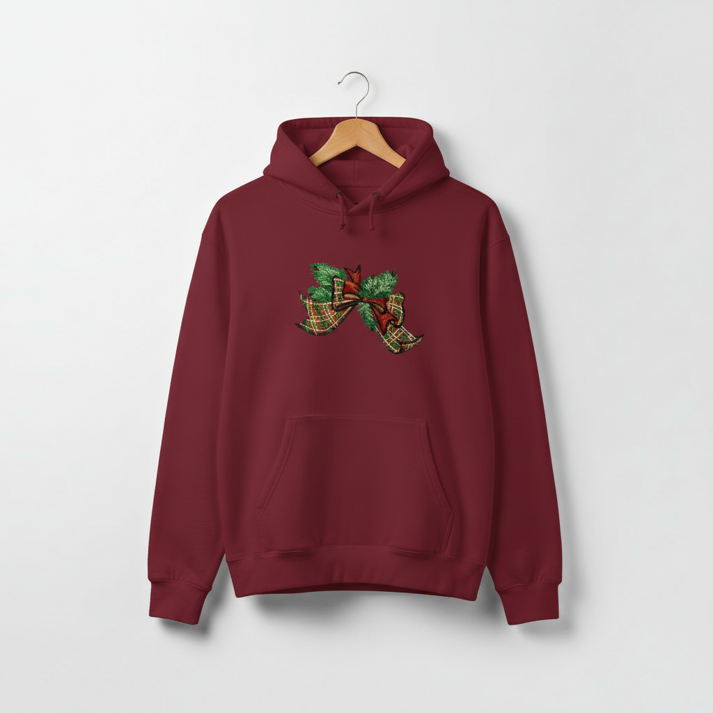 Tartan Ribbon &amp; Evergreen Bow Machine Embroidered Sweatshirt – Hand Finished in Dubai | EmbroMania