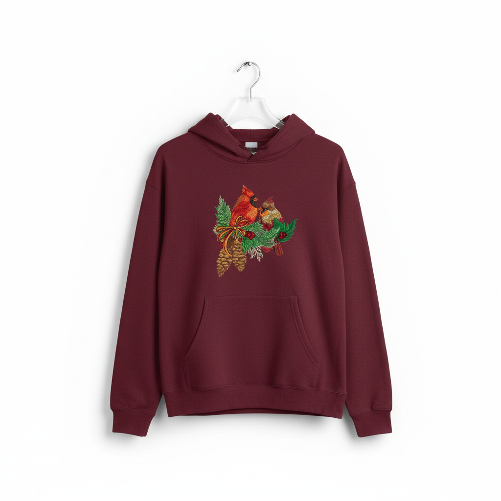 Cardinal Pair with Pinecones Machine Embroidered Sweatshirt – Hand Finished in Dubai | EmbroMania