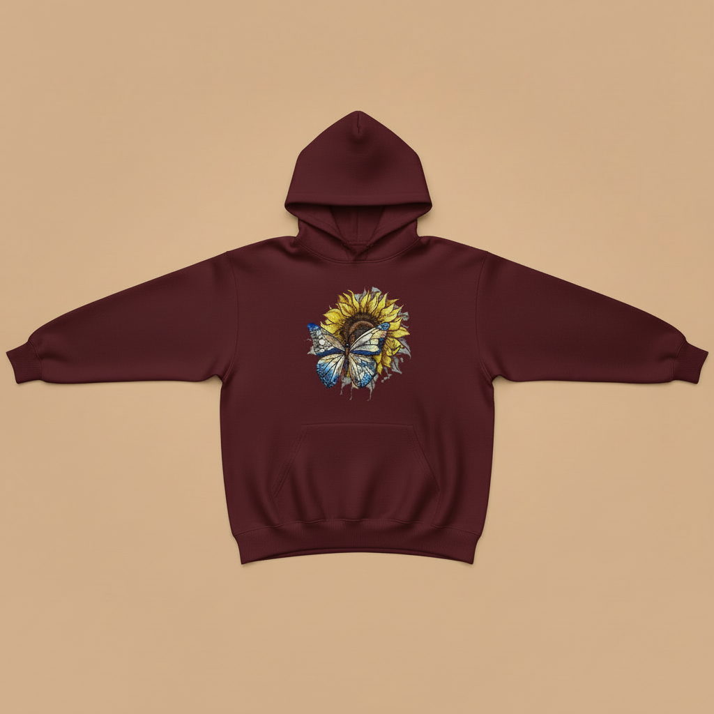 Azure Butterfly Machine Embroidered Hoodie – Hand Finished in Dubai | EmbroMania