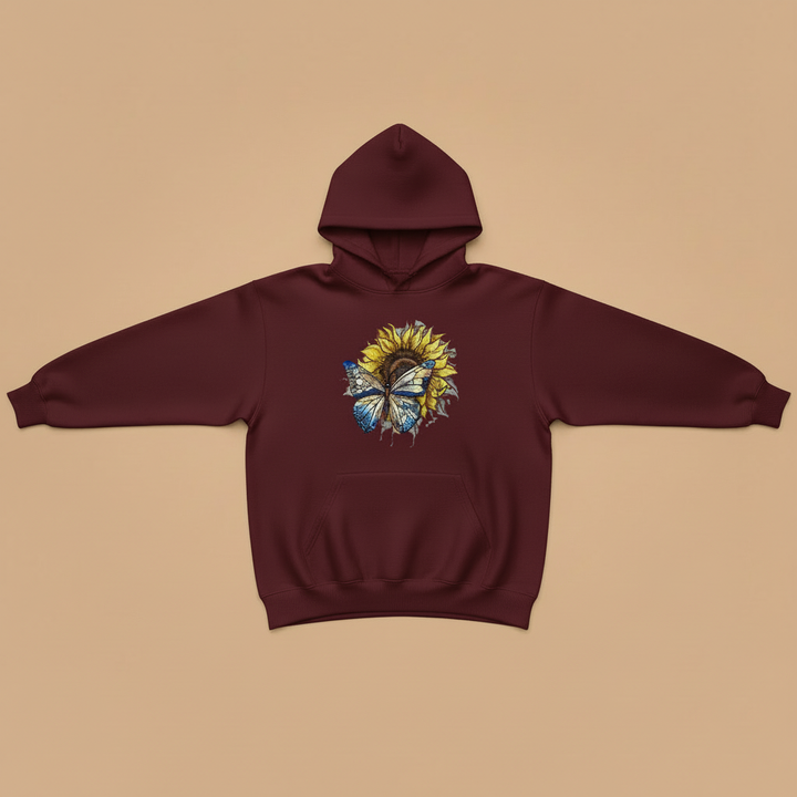 Azure Butterfly Machine Embroidered Hoodie – Hand Finished in Dubai | EmbroMania