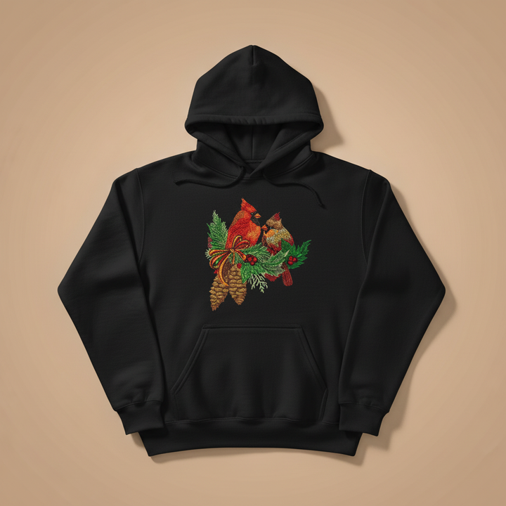 Cardinal Pair with Pinecones Machine Embroidered Sweatshirt – Hand Finished in Dubai | EmbroMania