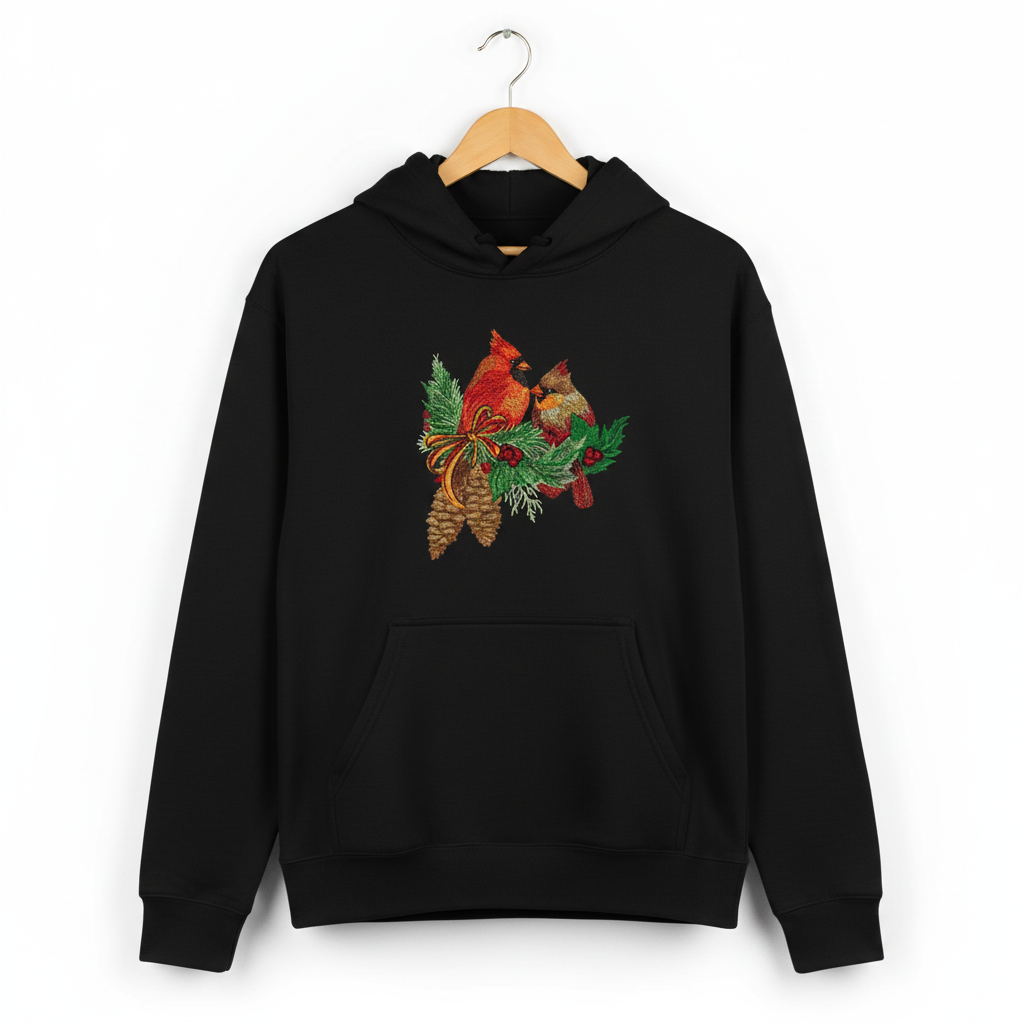 Cardinal Pair with Pinecones Machine Embroidered Sweatshirt – Hand Finished in Dubai | EmbroMania