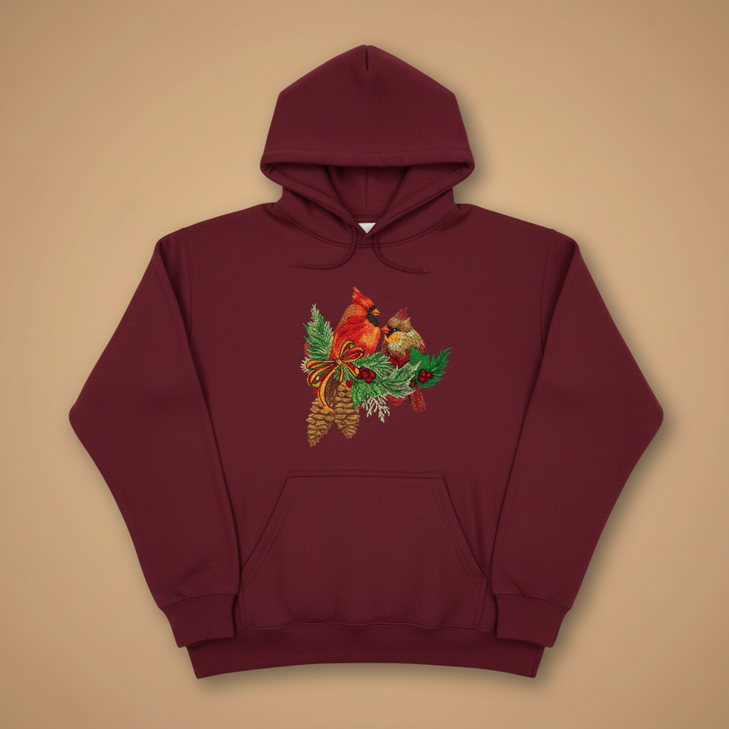 Cardinal Pair with Pinecones Machine Embroidered Sweatshirt – Hand Finished in Dubai | EmbroMania