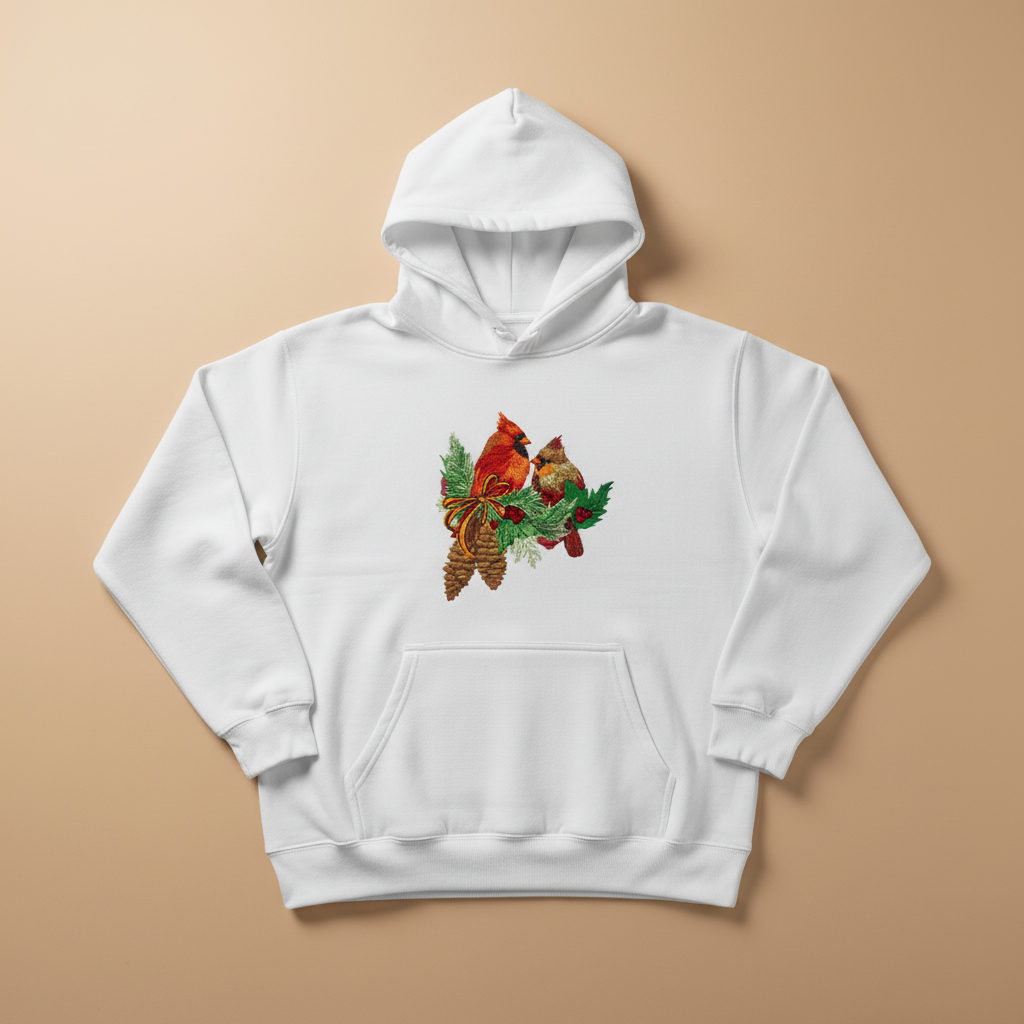 Cardinal Pair with Pinecones Machine Embroidered Sweatshirt – Hand Finished in Dubai | EmbroMania