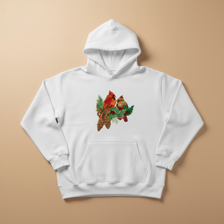 Cardinal Pair with Pinecones Machine Embroidered Sweatshirt – Hand Finished in Dubai | EmbroMania