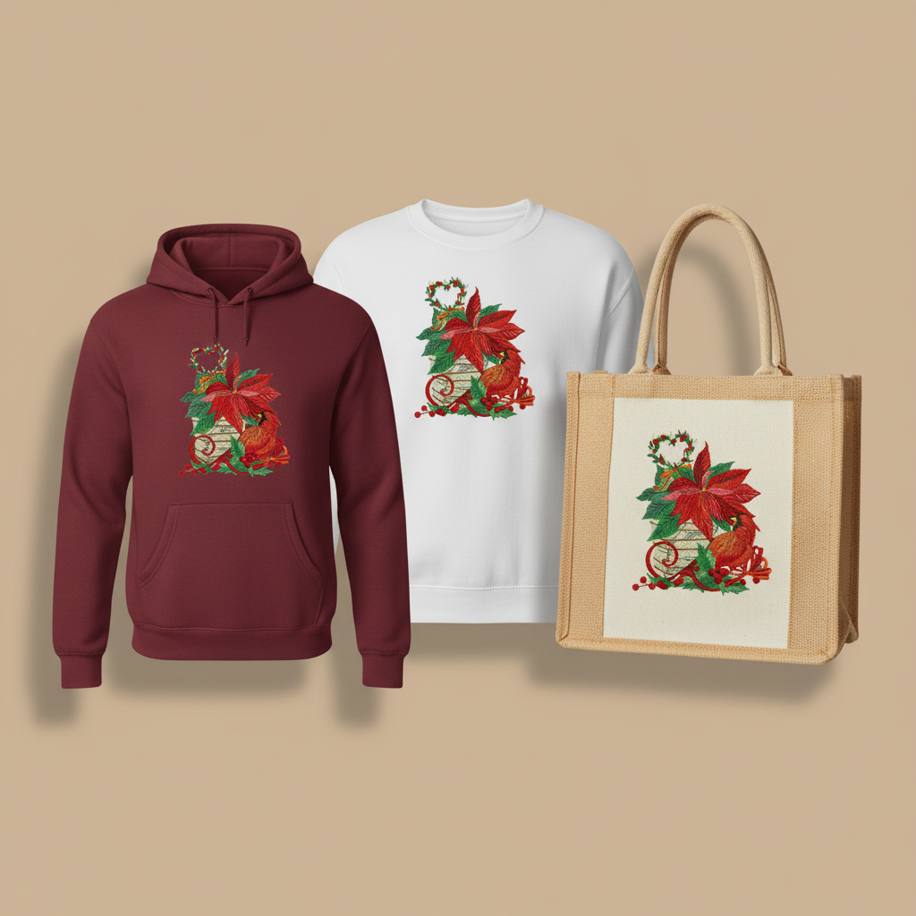 Cardinal & Poinsettia Basket Machine Embroidered Sweatshirt – Hand Finished in Dubai | EmbroMania