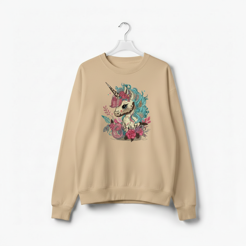 Whimsical Floral Unicorn Machine Embroidered Sweatshirt – Hand Finished in Dubai | EmbroMania