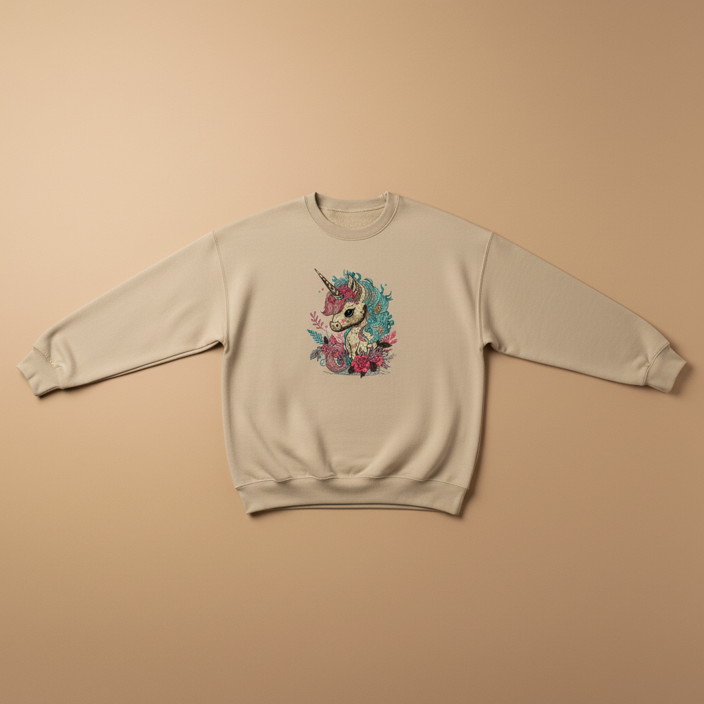Whimsical Floral Unicorn Machine Embroidered Sweatshirt – Hand Finished in Dubai | EmbroMania