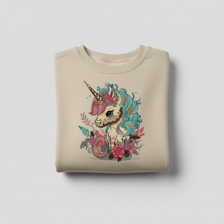 Whimsical Floral Unicorn Machine Embroidered Sweatshirt – Hand Finished in Dubai | EmbroMania