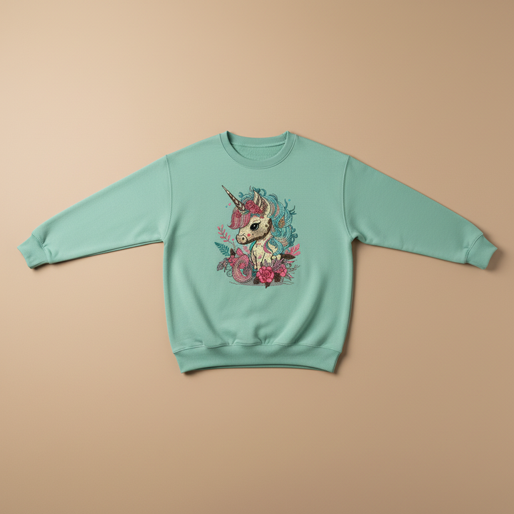 Whimsical Floral Unicorn Machine Embroidered Sweatshirt – Hand Finished in Dubai | EmbroMania