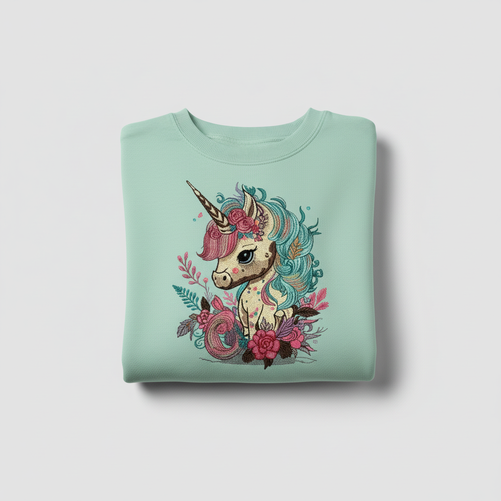 Whimsical Floral Unicorn Machine Embroidered Sweatshirt – Hand Finished in Dubai | EmbroMania