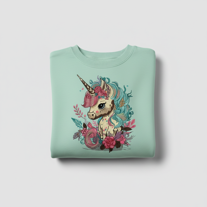 Whimsical Floral Unicorn Machine Embroidered Sweatshirt – Hand Finished in Dubai | EmbroMania