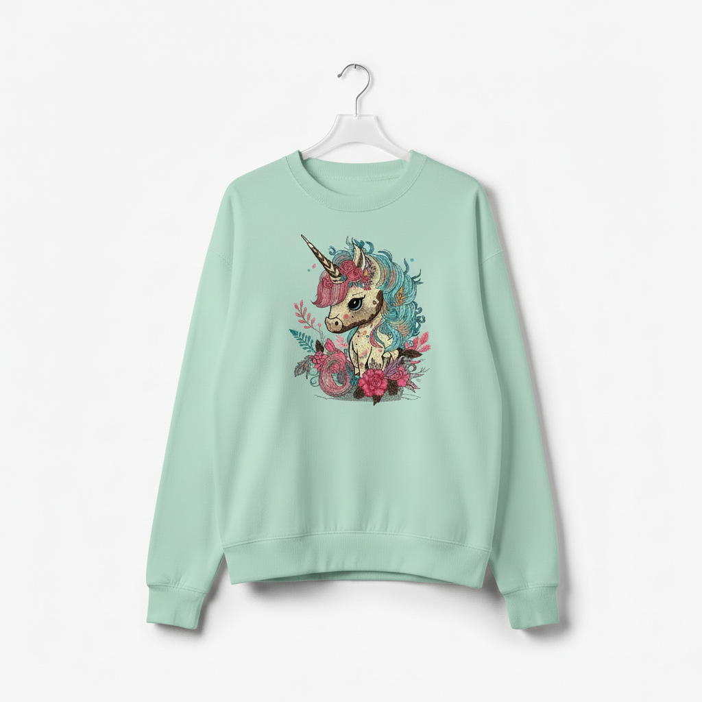 Whimsical Floral Unicorn Machine Embroidered Sweatshirt – Hand Finished in Dubai | EmbroMania
