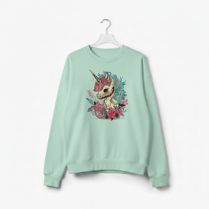 Whimsical Floral Unicorn Machine Embroidered Sweatshirt – Hand Finished in Dubai | EmbroMania