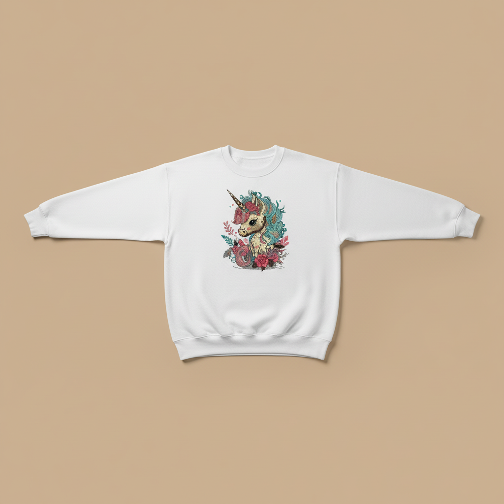 Whimsical Floral Unicorn Machine Embroidered Sweatshirt – Hand Finished in Dubai | EmbroMania