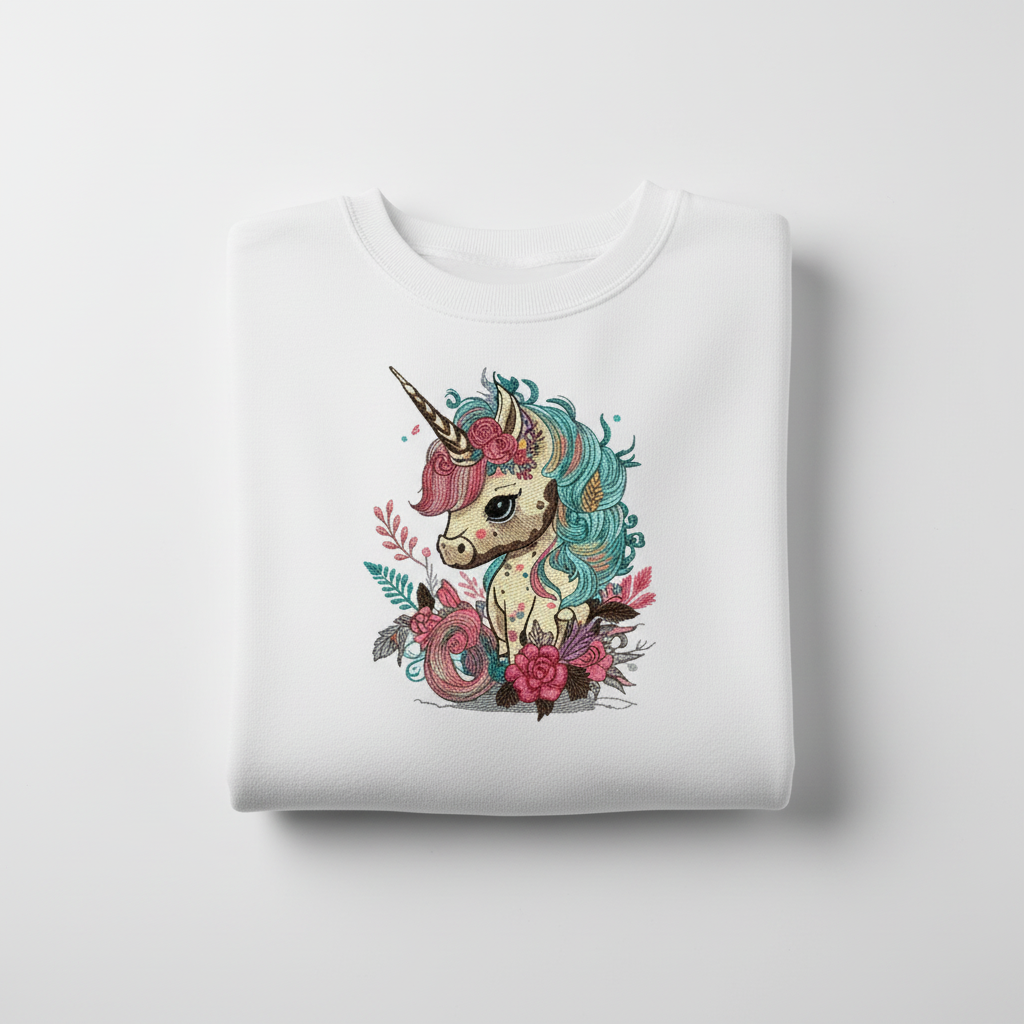 Whimsical Floral Unicorn Machine Embroidered Sweatshirt – Hand Finished in Dubai | EmbroMania