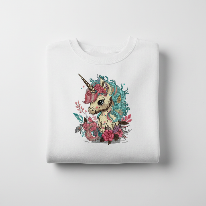 Whimsical Floral Unicorn Machine Embroidered Sweatshirt – Hand Finished in Dubai | EmbroMania