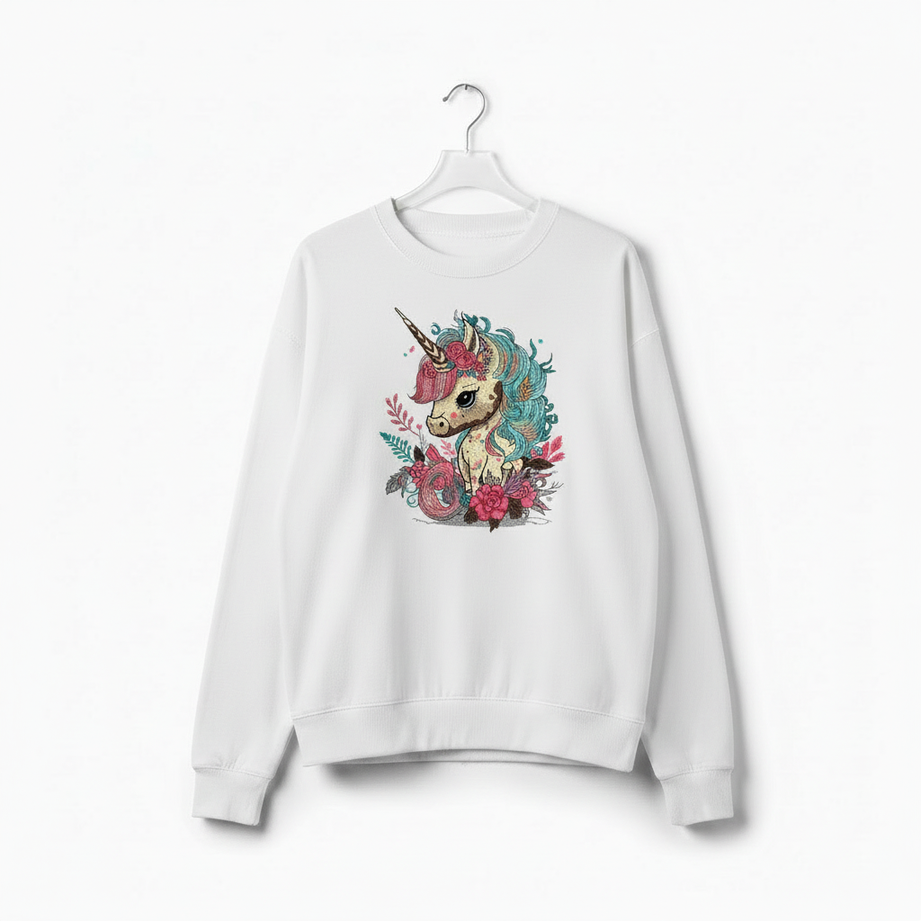 Whimsical Floral Unicorn Machine Embroidered Sweatshirt – Hand Finished in Dubai | EmbroMania
