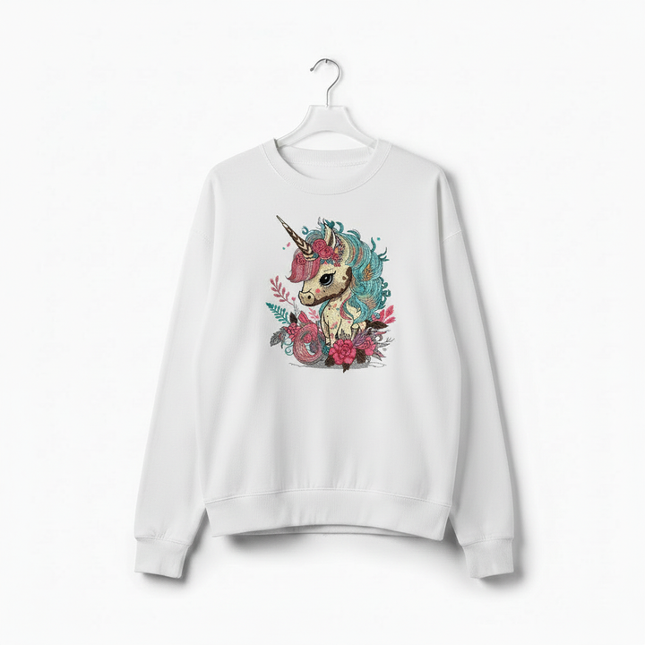 Whimsical Floral Unicorn Machine Embroidered Sweatshirt – Hand Finished in Dubai | EmbroMania