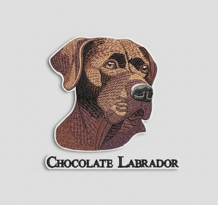 Chocolate Labrador embroidery patch set featuring a realistic brown lab dog portrait with detailed thread shading and a separate “CHOCOLATE LABRADOR” text patch, stitched on a light background, original EmbroMania artwork.