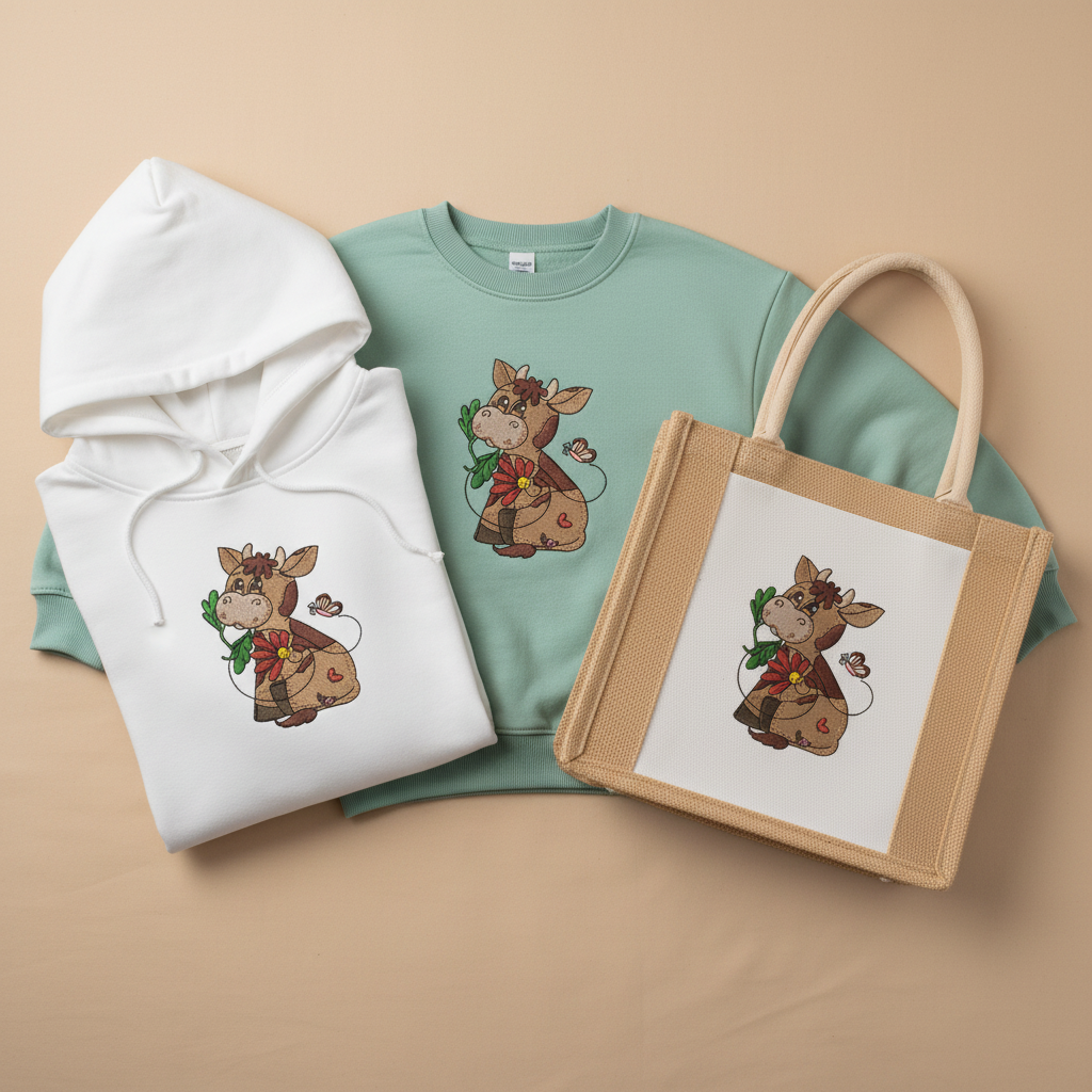 Cow & Butterfly Machine Embroidered Sweatshirt – Hand Finished in Dubai | EmbroMania