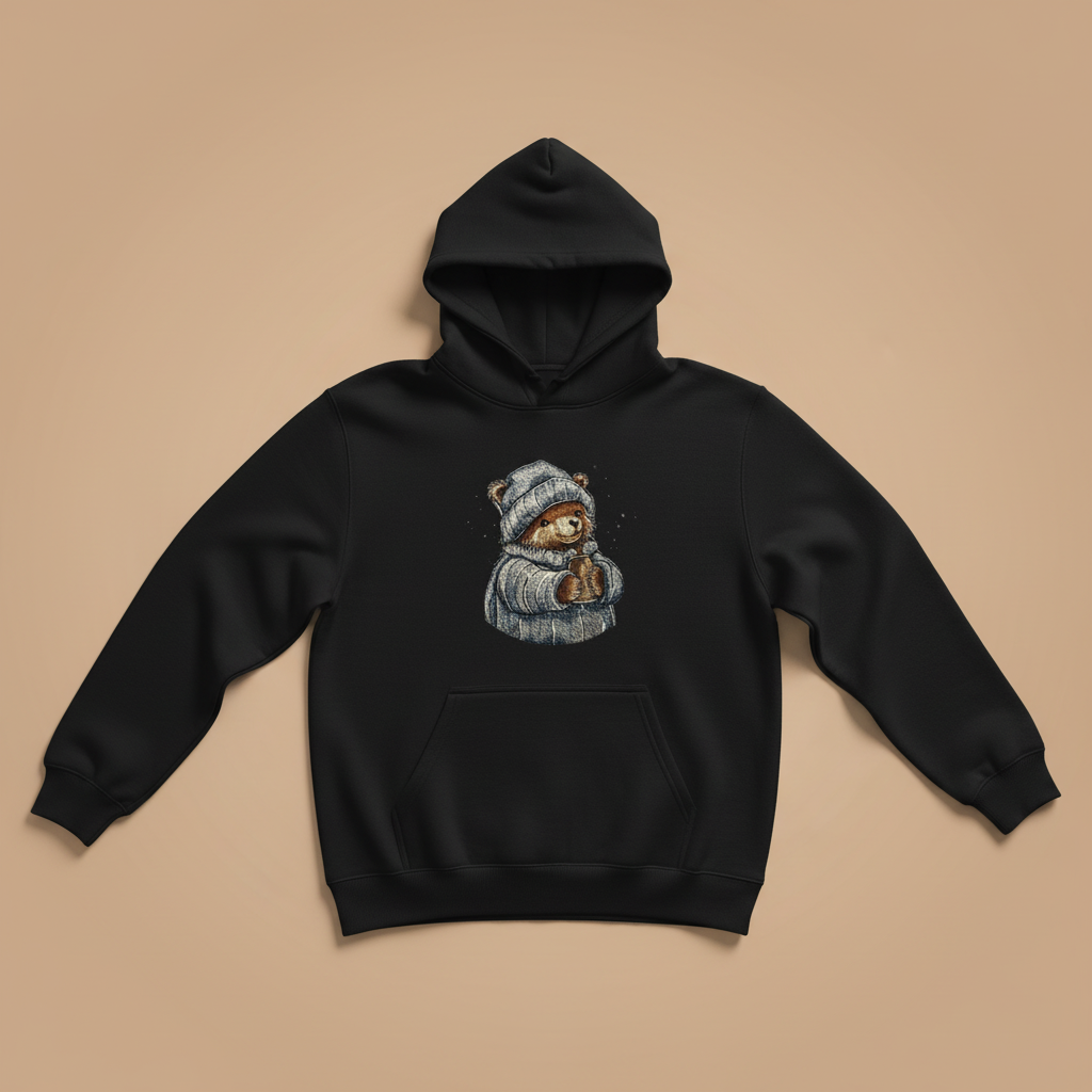 Cozy Winter Bear Machine Embroidered Hoodie – Hand Finished in Dubai | EmbroMania