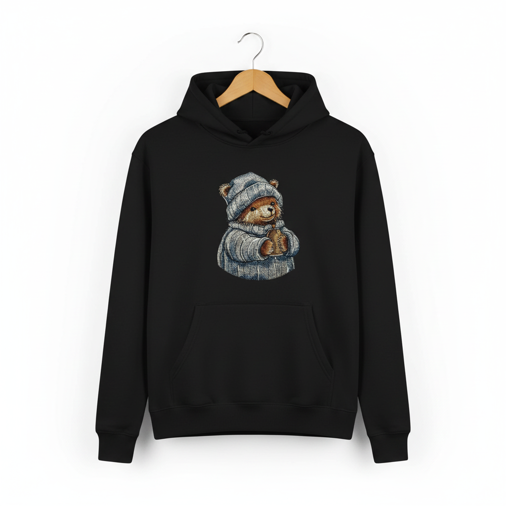 Cozy Winter Bear Machine Embroidered Hoodie – Hand Finished in Dubai | EmbroMania