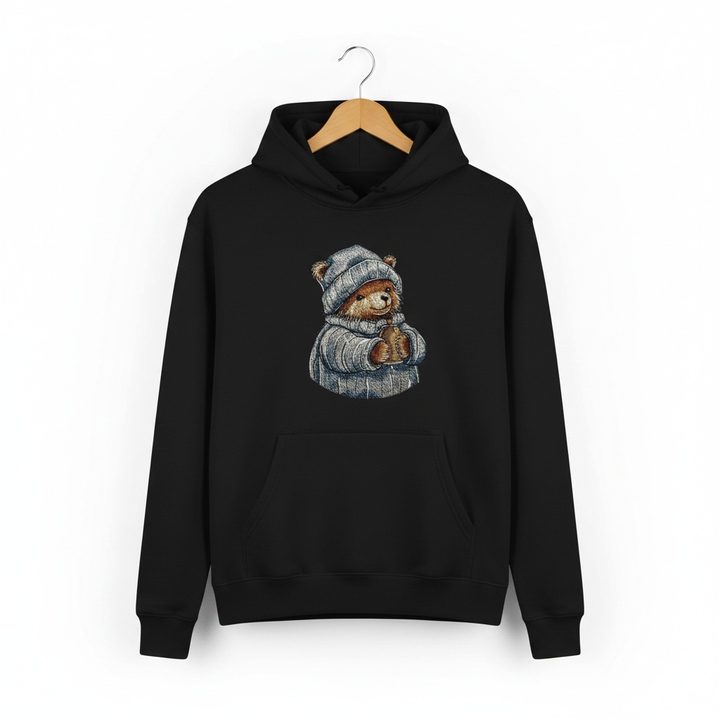 Cozy Winter Bear Machine Embroidered Hoodie – Hand Finished in Dubai | EmbroMania