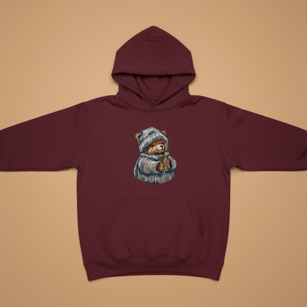 Cozy Winter Bear Machine Embroidered Hoodie – Hand Finished in Dubai | EmbroMania