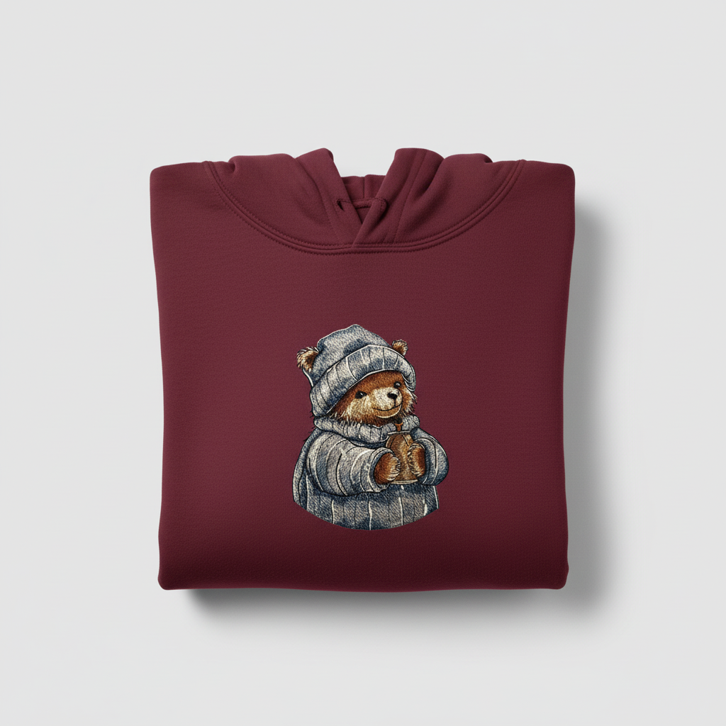 Cozy Winter Bear Machine Embroidered Hoodie – Hand Finished in Dubai | EmbroMania