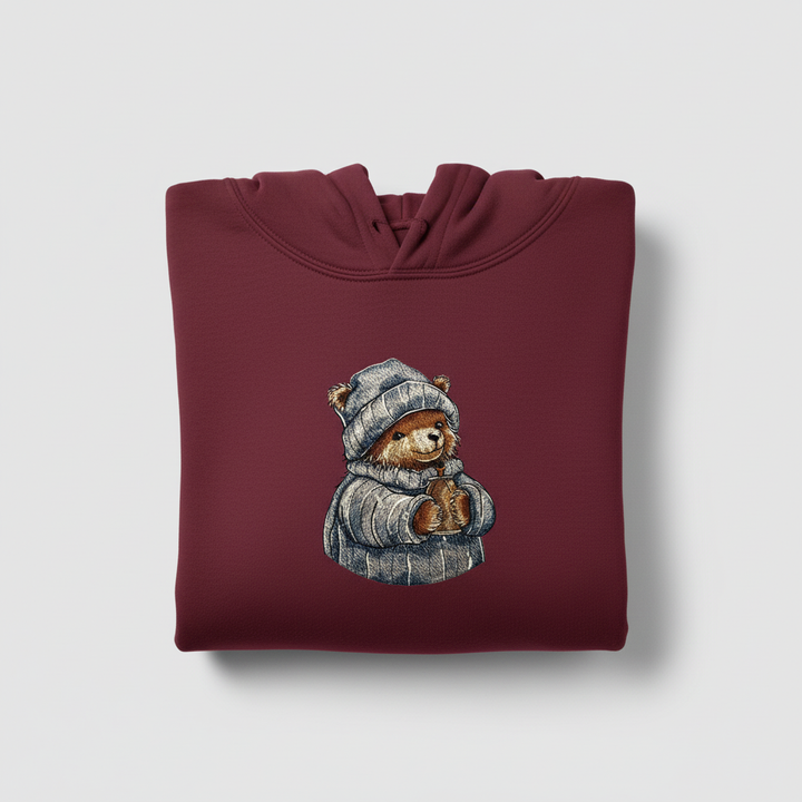 Cozy Winter Bear Machine Embroidered Hoodie – Hand Finished in Dubai | EmbroMania