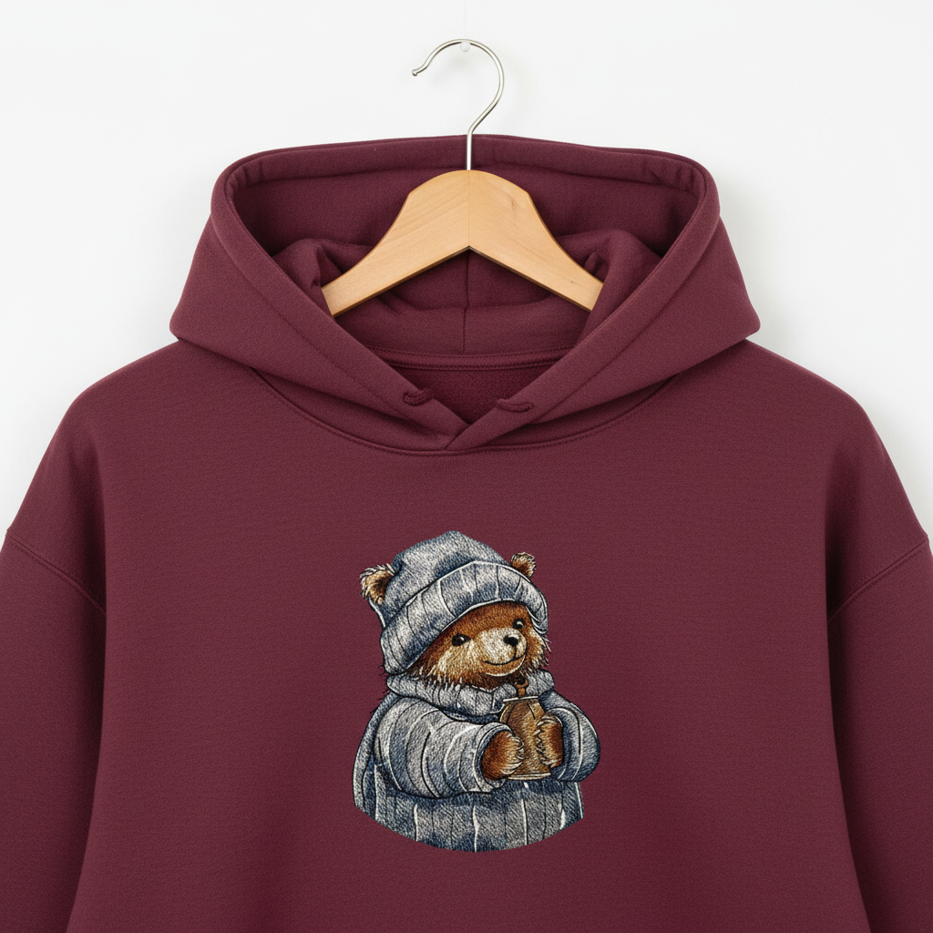 Cozy Winter Bear Machine Embroidered Hoodie – Hand Finished in Dubai | EmbroMania
